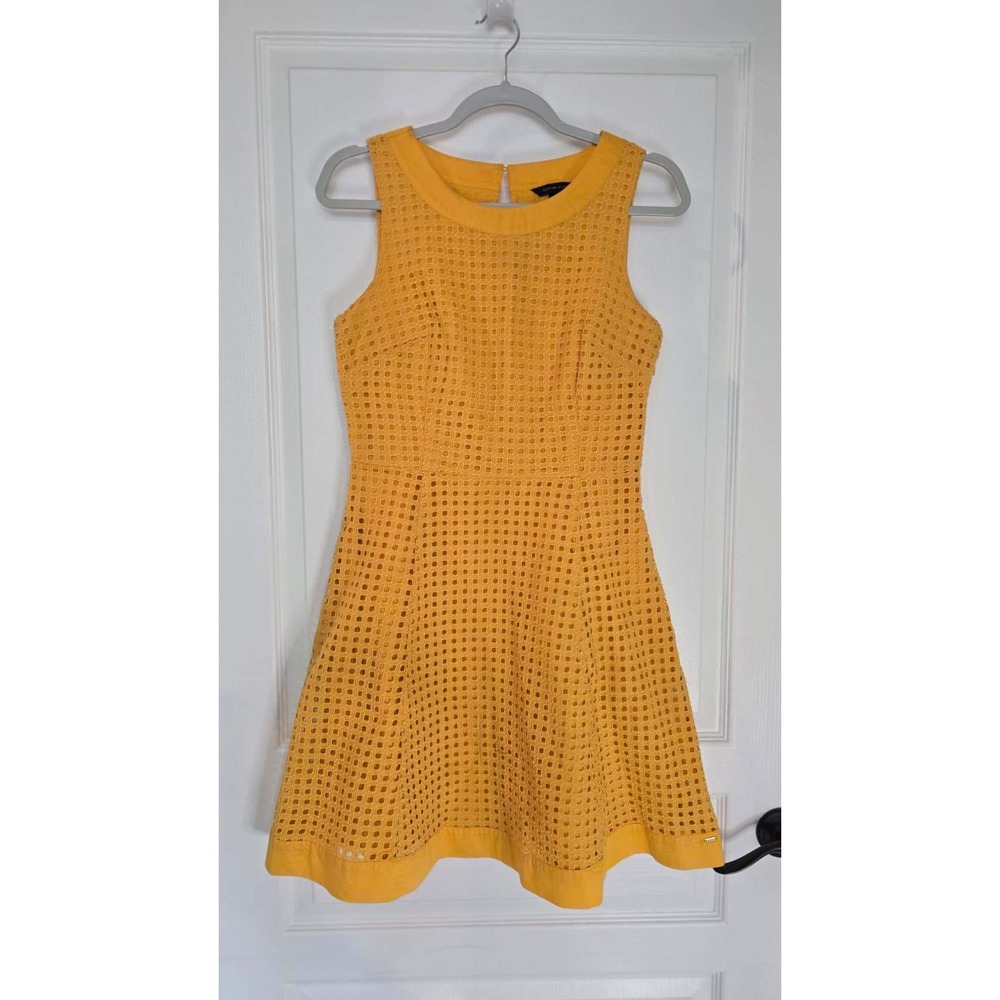 Tommy Hilfiger Womens Yellow Eyelet Fit and Flare Sleeveless Pocket Dress Size 4